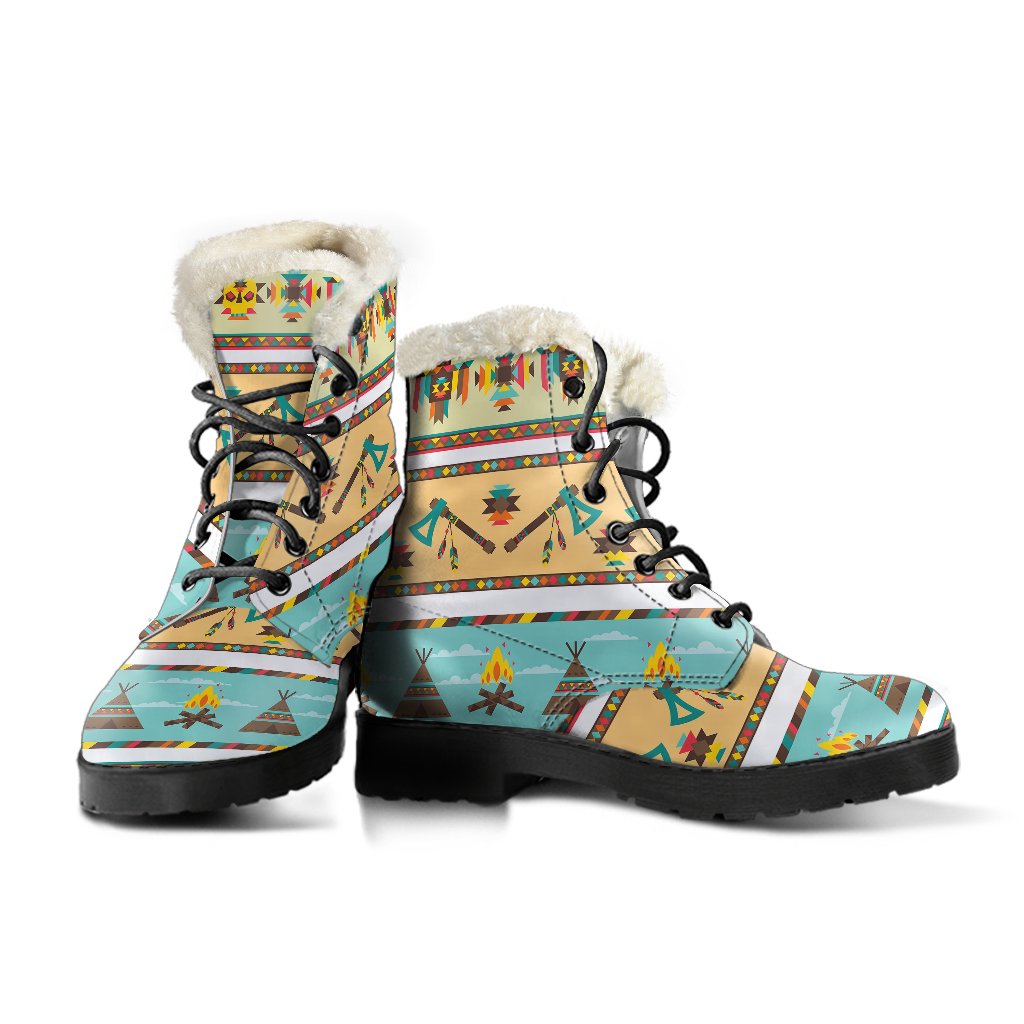American indian Life Pattern Faux Fur Leather Boots-JTAMIGO.COM