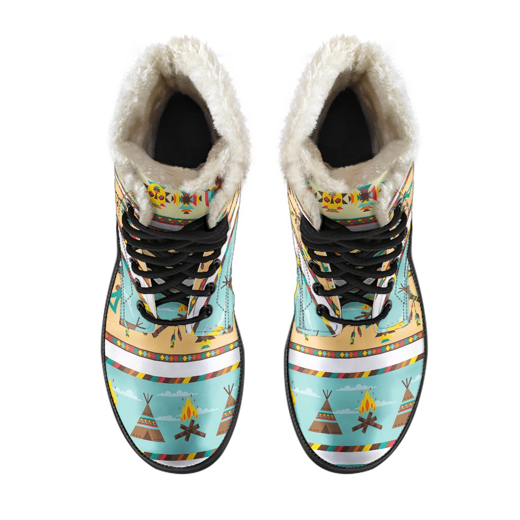 American indian Life Pattern Faux Fur Leather Boots-JTAMIGO.COM