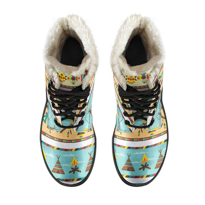 American indian Life Pattern Faux Fur Leather Boots-JTAMIGO.COM