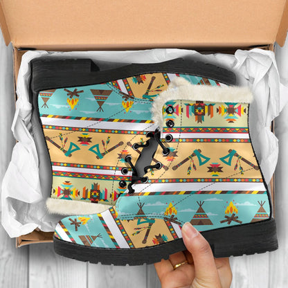 American indian Life Pattern Faux Fur Leather Boots-JTAMIGO.COM