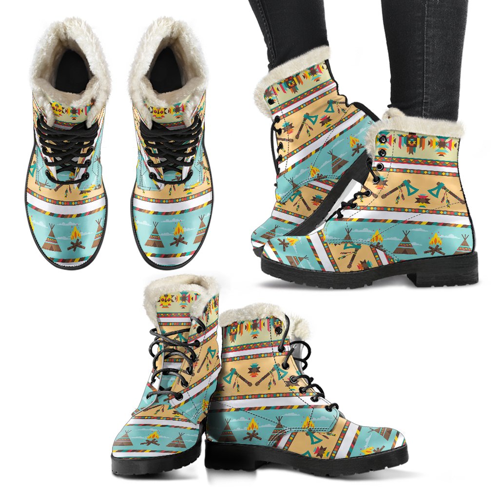 American indian Life Pattern Faux Fur Leather Boots-JTAMIGO.COM