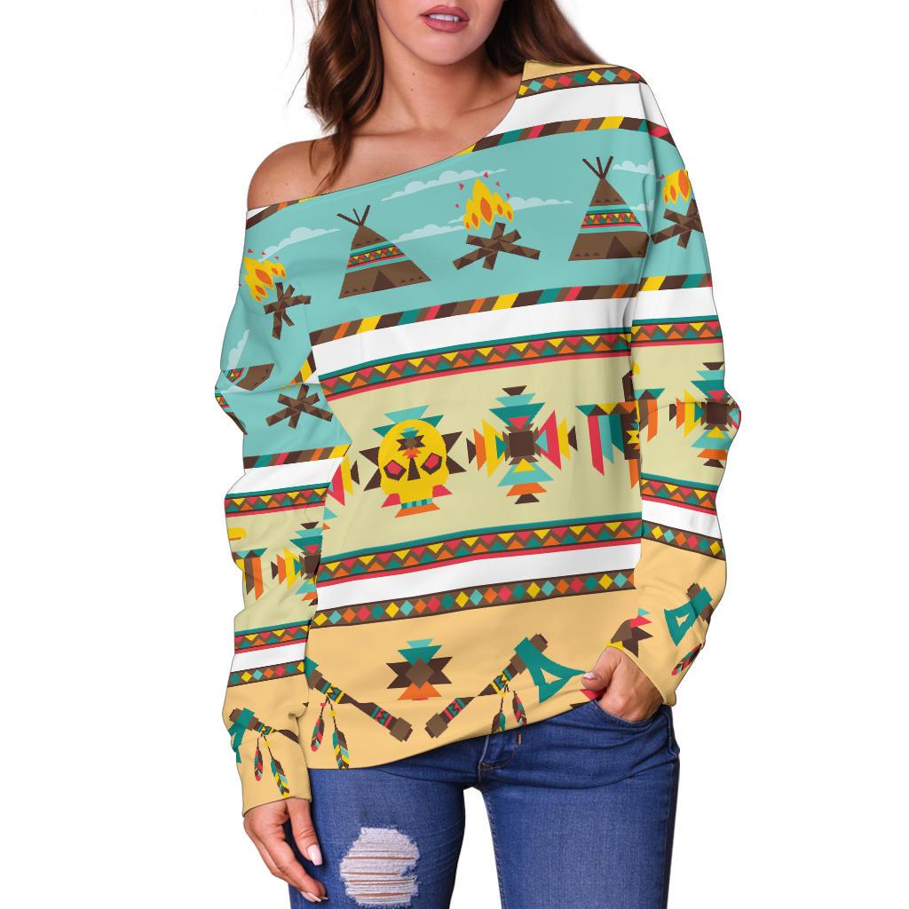 American Indian Life Pattern Off Shoulder Sweatshirt