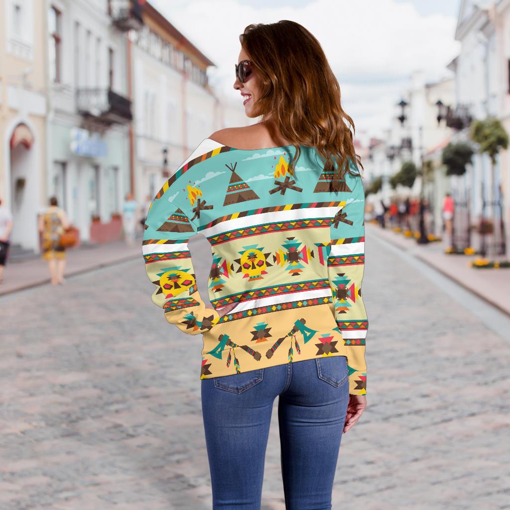 American Indian Life Pattern Off Shoulder Sweatshirt