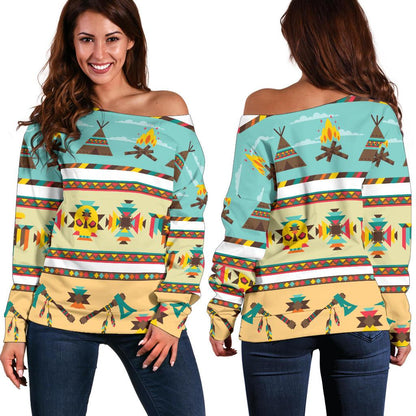 American Indian Life Pattern Off Shoulder Sweatshirt