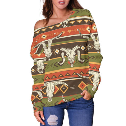 American Indian Skull Animal Off Shoulder Sweatshirt