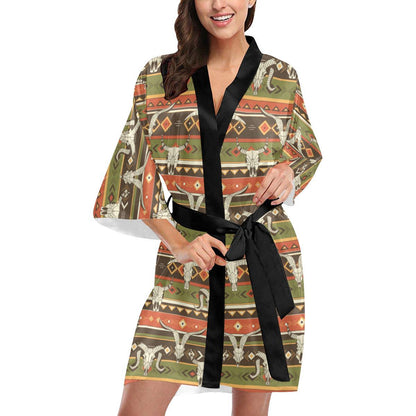 American indian Skull Animal Women Short Kimono Robe