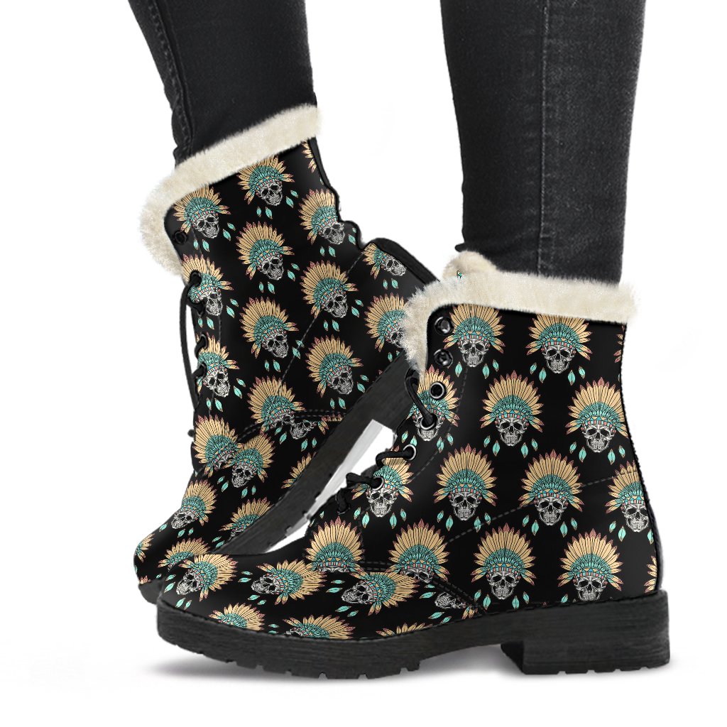 American indian Skull Pattern Faux Fur Leather Boots-JTAMIGO.COM