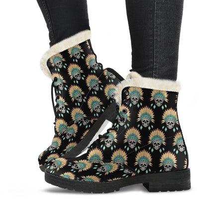 American indian Skull Pattern Faux Fur Leather Boots-JTAMIGO.COM