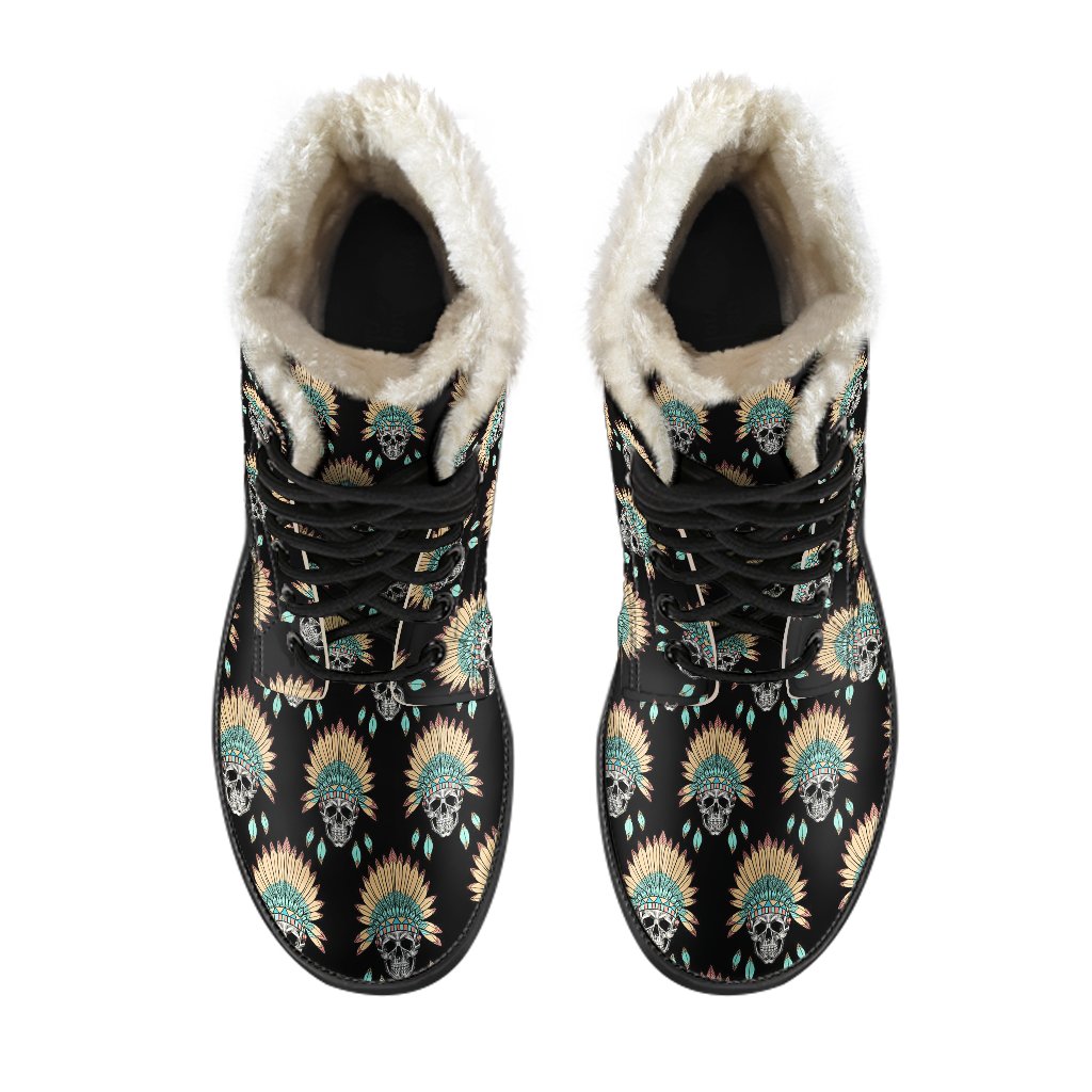American indian Skull Pattern Faux Fur Leather Boots-JTAMIGO.COM