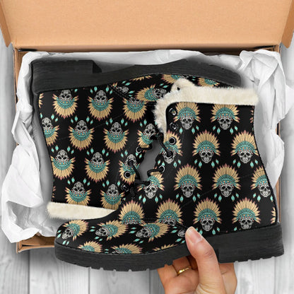 American indian Skull Pattern Faux Fur Leather Boots-JTAMIGO.COM