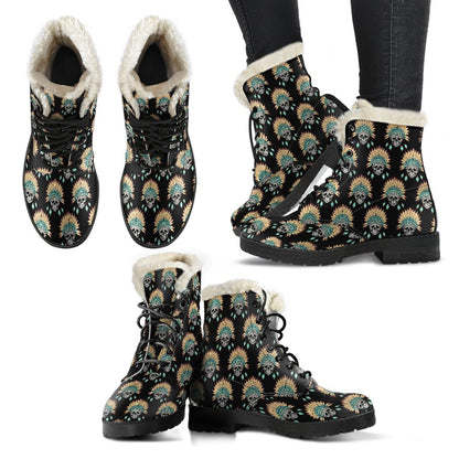 American indian Skull Pattern Faux Fur Leather Boots-JTAMIGO.COM