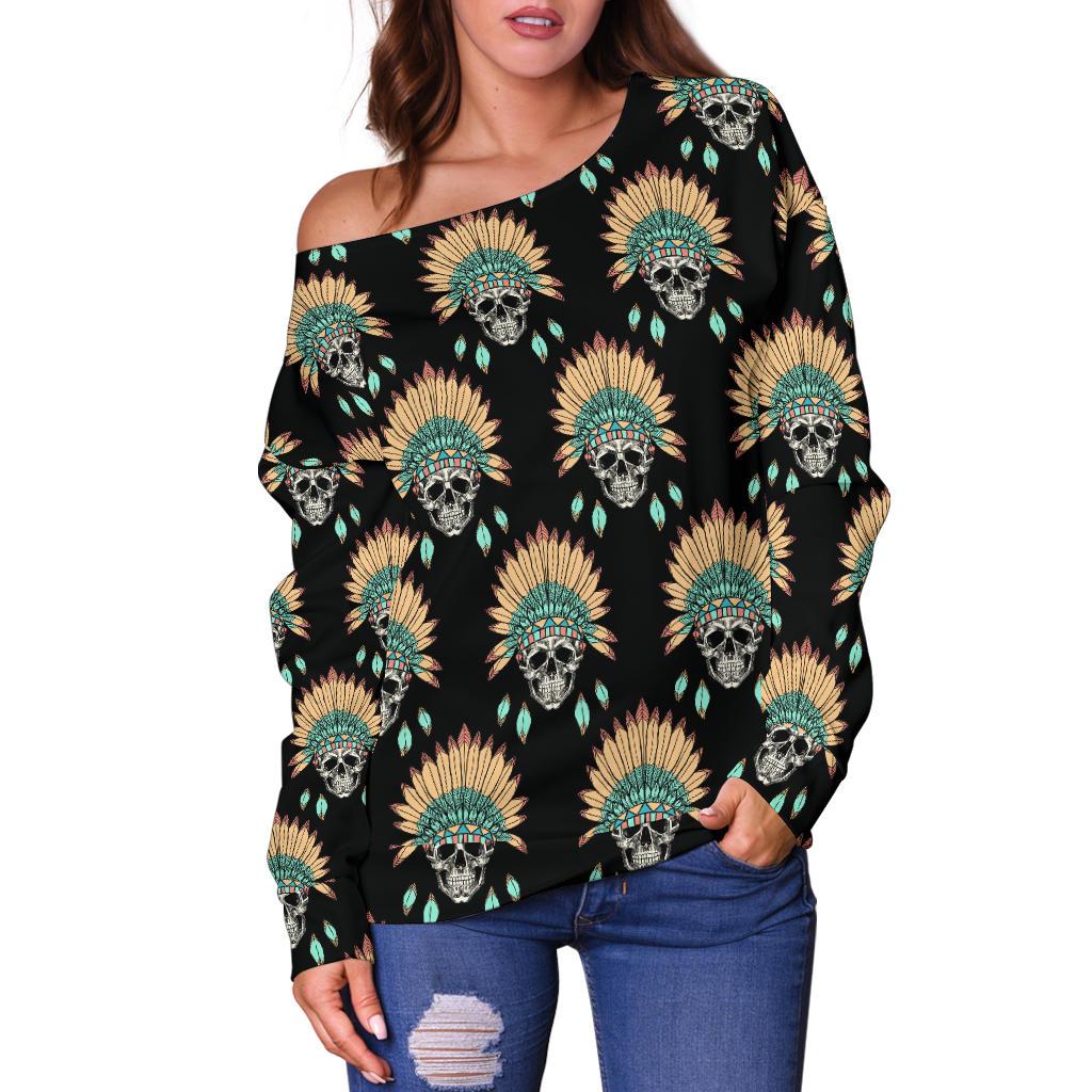 American Indian Skull Pattern Off Shoulder Sweatshirt