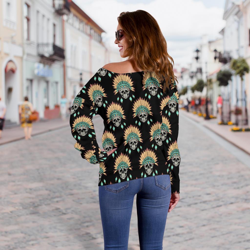 American Indian Skull Pattern Off Shoulder Sweatshirt