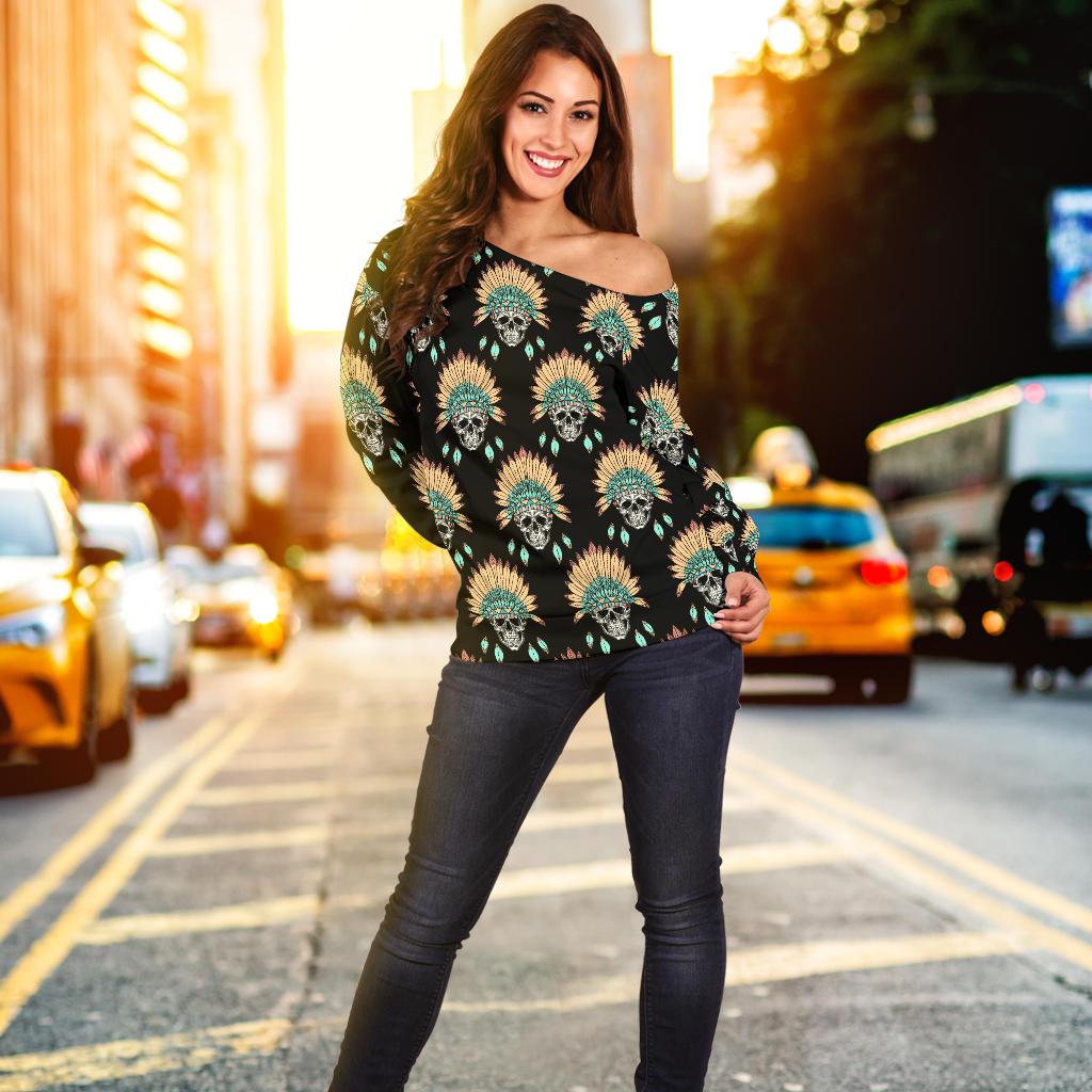 American Indian Skull Pattern Off Shoulder Sweatshirt