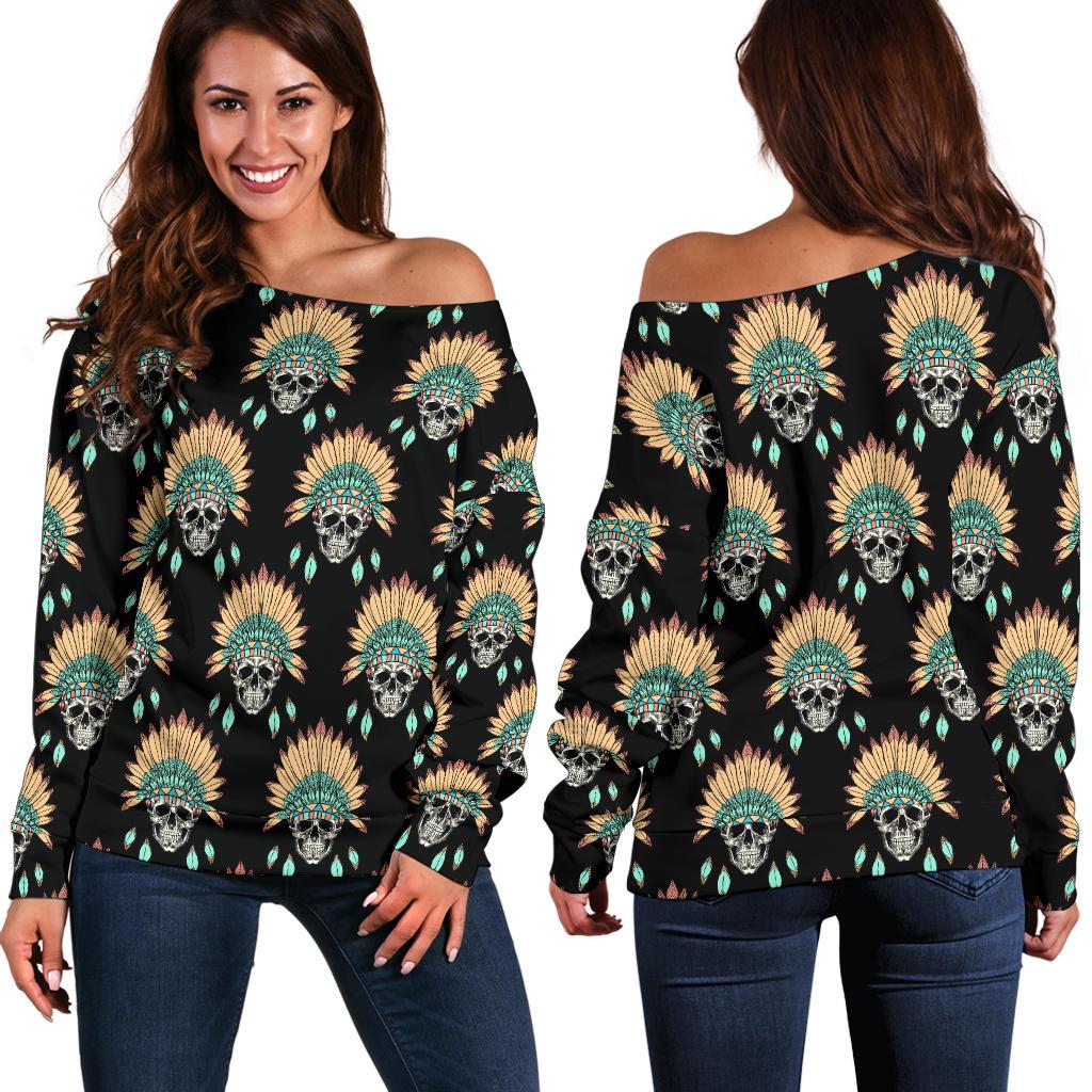 American Indian Skull Pattern Off Shoulder Sweatshirt