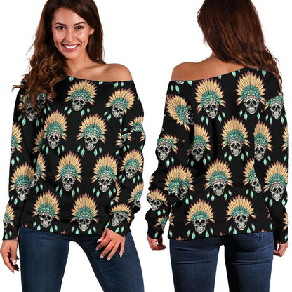 American Indian Skull Pattern Off Shoulder Sweatshirt