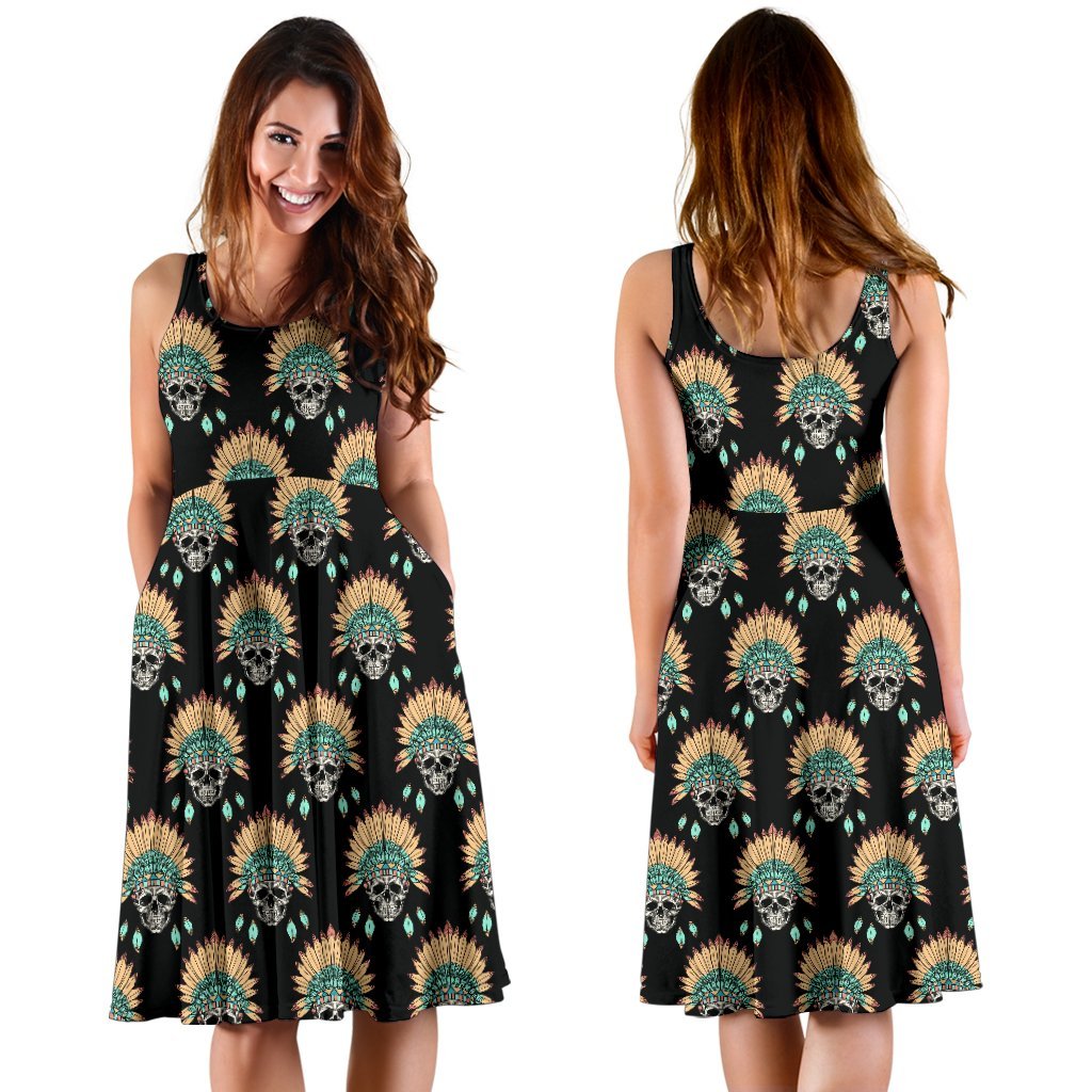 American Indian Skull Pattern Sleeveless Dress