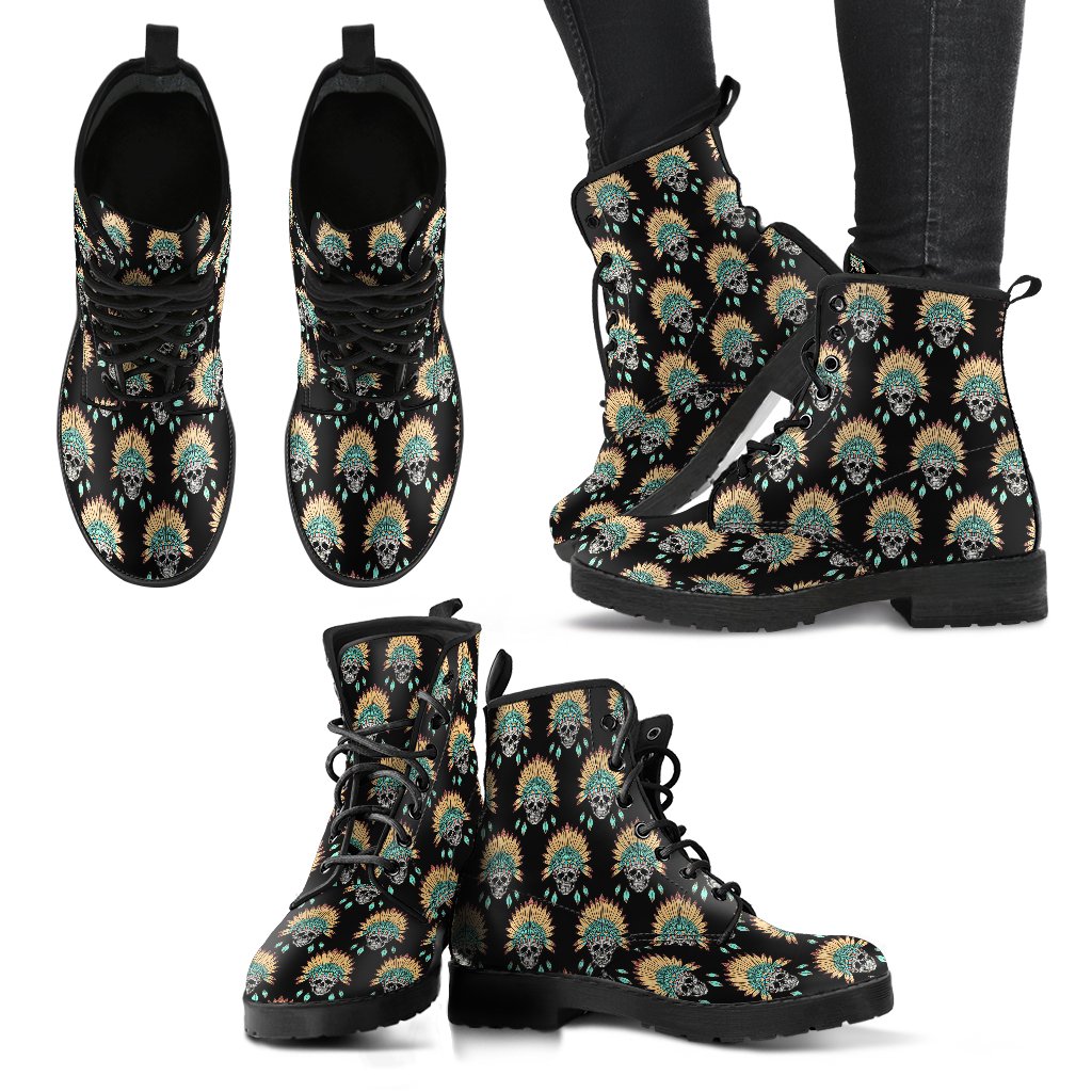 American indian Skull Pattern Women Leather Boots-JTAMIGO.COM