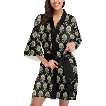 American indian Skull Pattern Women Short Kimono Robe