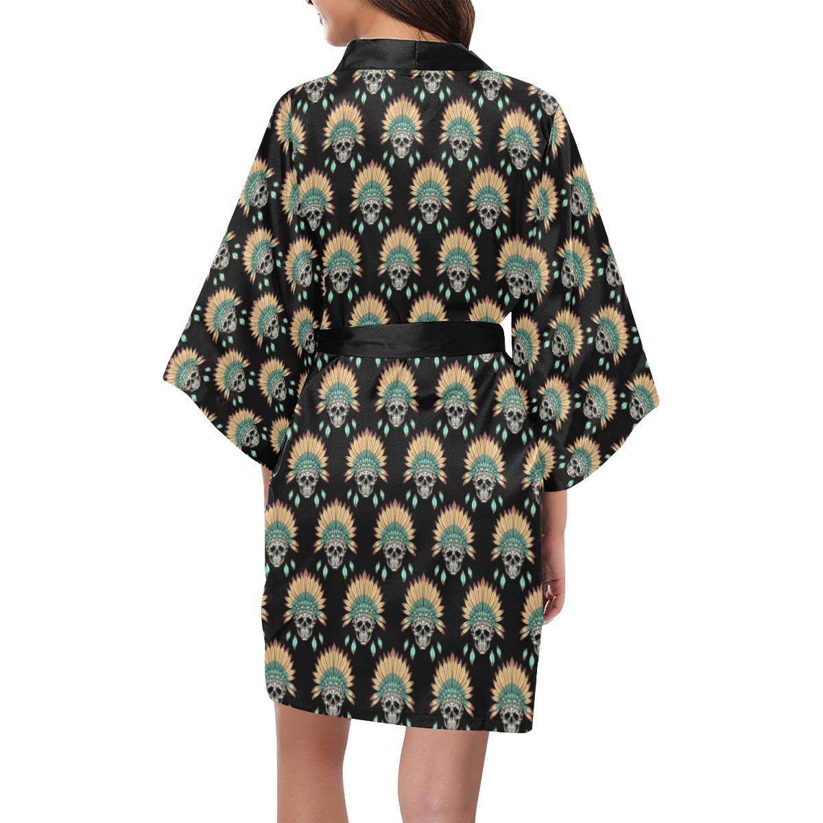 American indian Skull Pattern Women Short Kimono Robe
