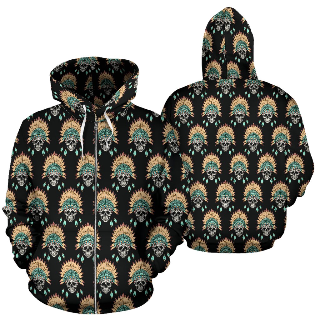 American Indian Skull Pattern Zip Up Hoodie