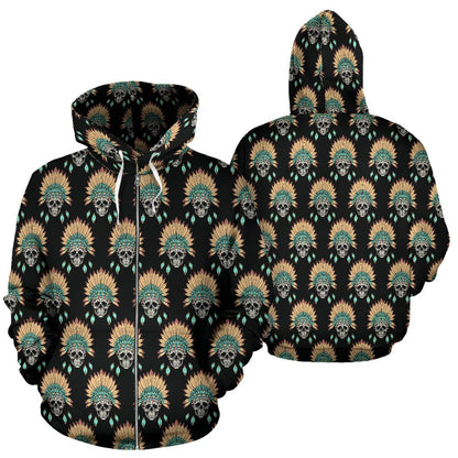 American Indian Skull Pattern Zip Up Hoodie