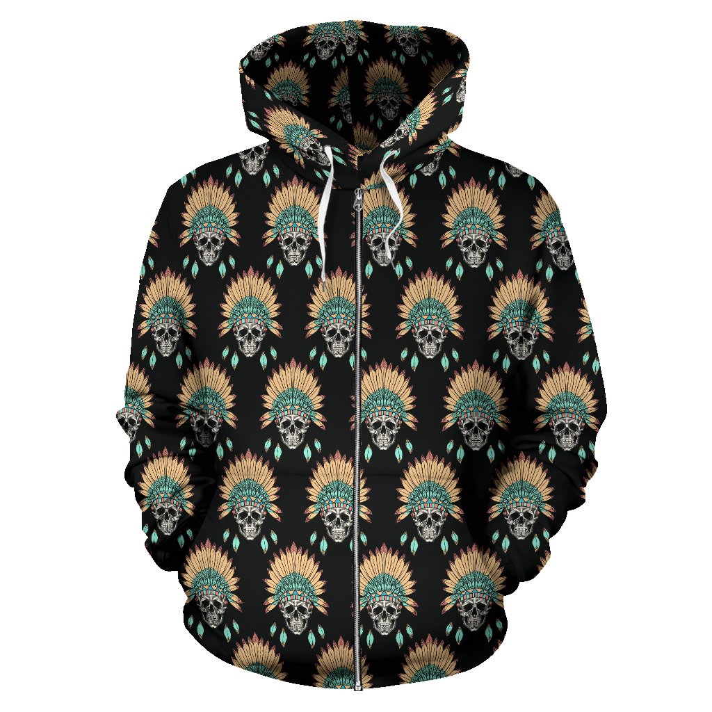 American Indian Skull Pattern Zip Up Hoodie