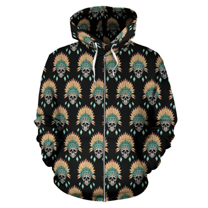 American Indian Skull Pattern Zip Up Hoodie