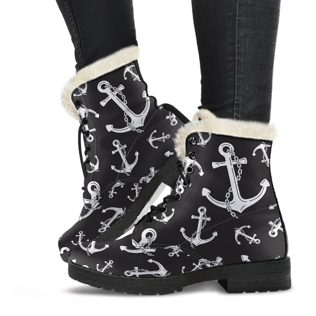 Anchor Black White Faux Fur Leather Boots-JTAMIGO.COM