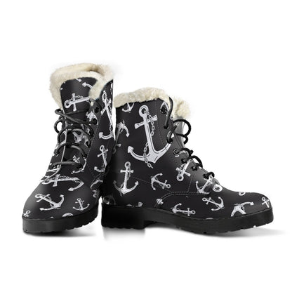 Anchor Black White Faux Fur Leather Boots-JTAMIGO.COM
