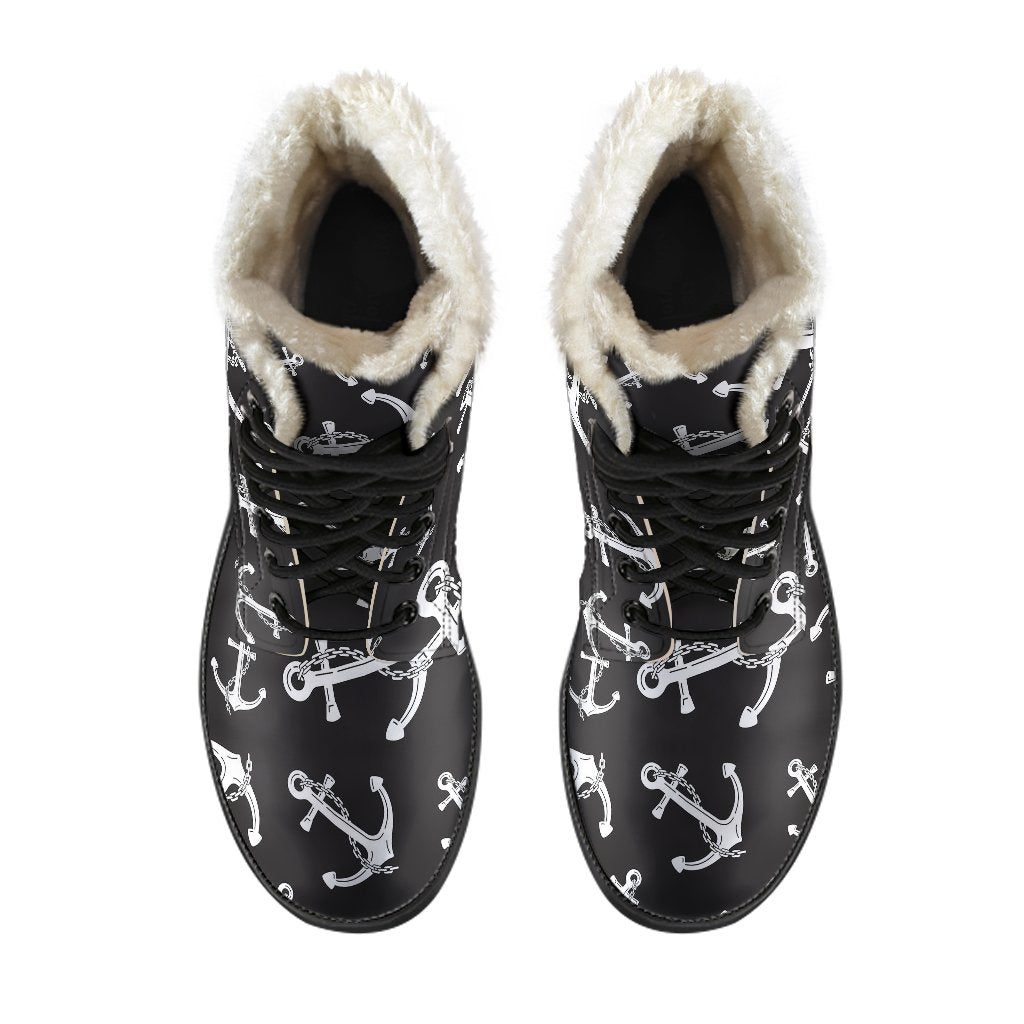 Anchor Black White Faux Fur Leather Boots-JTAMIGO.COM