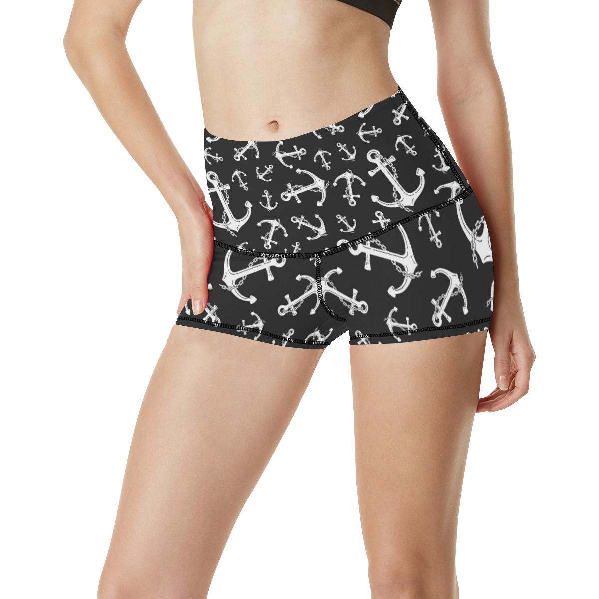 Anchor Black White High Waisted Spandex Shorts-JTAMIGO.COM