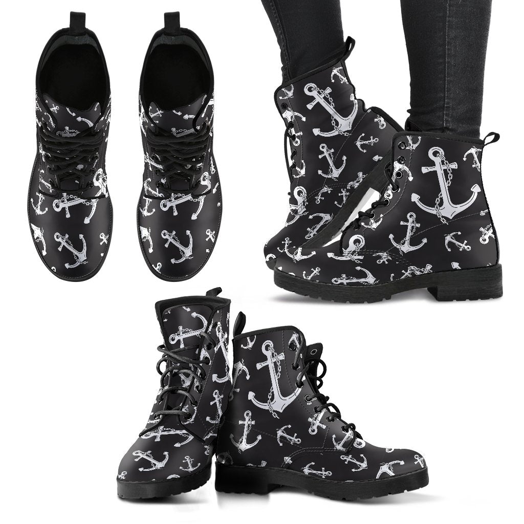 Anchor Black White Women Leather Boots-JTAMIGO.COM