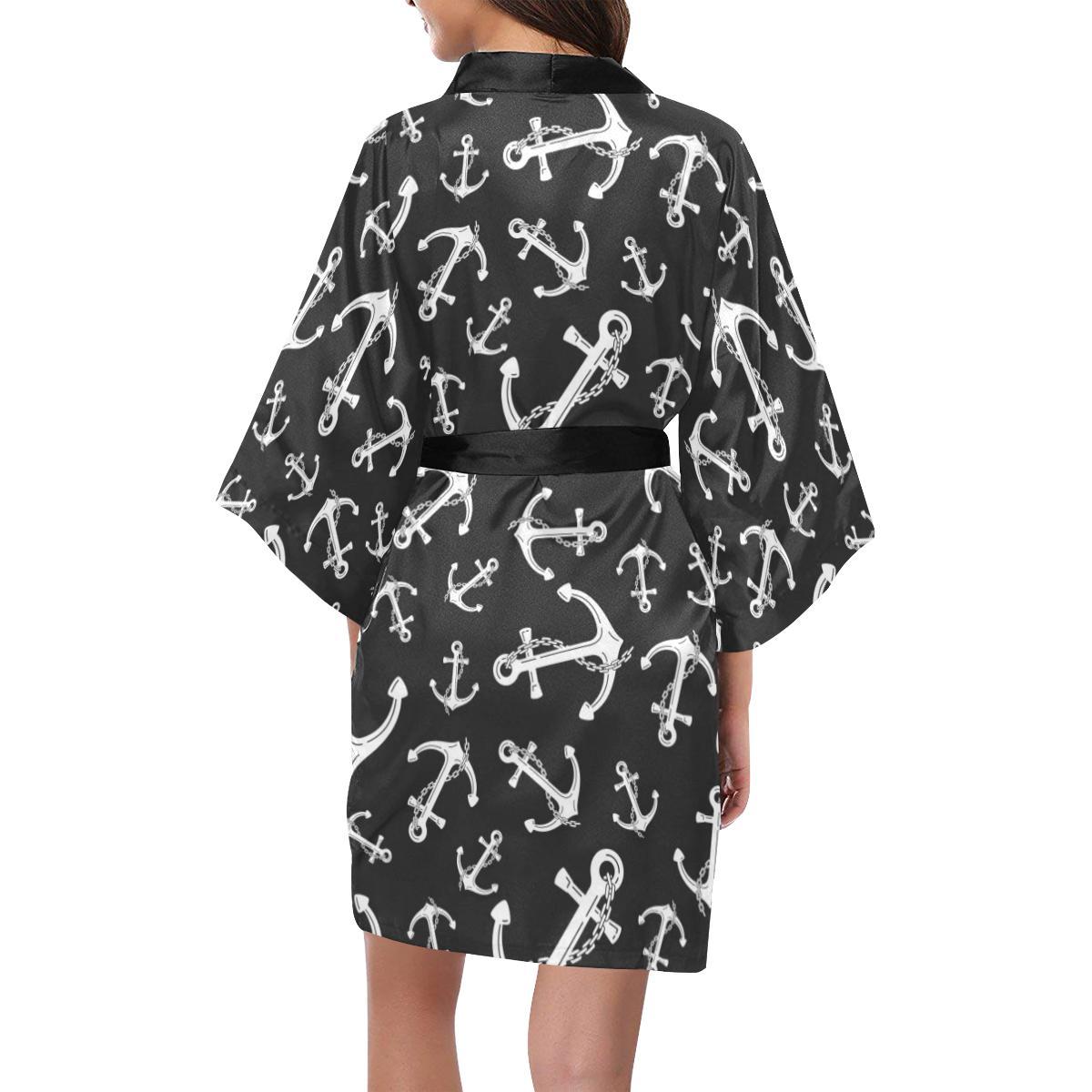 Anchor Black White Women Short Kimono Robe