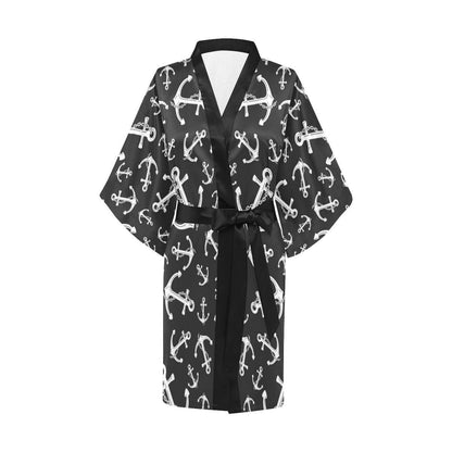 Anchor Black White Women Short Kimono Robe