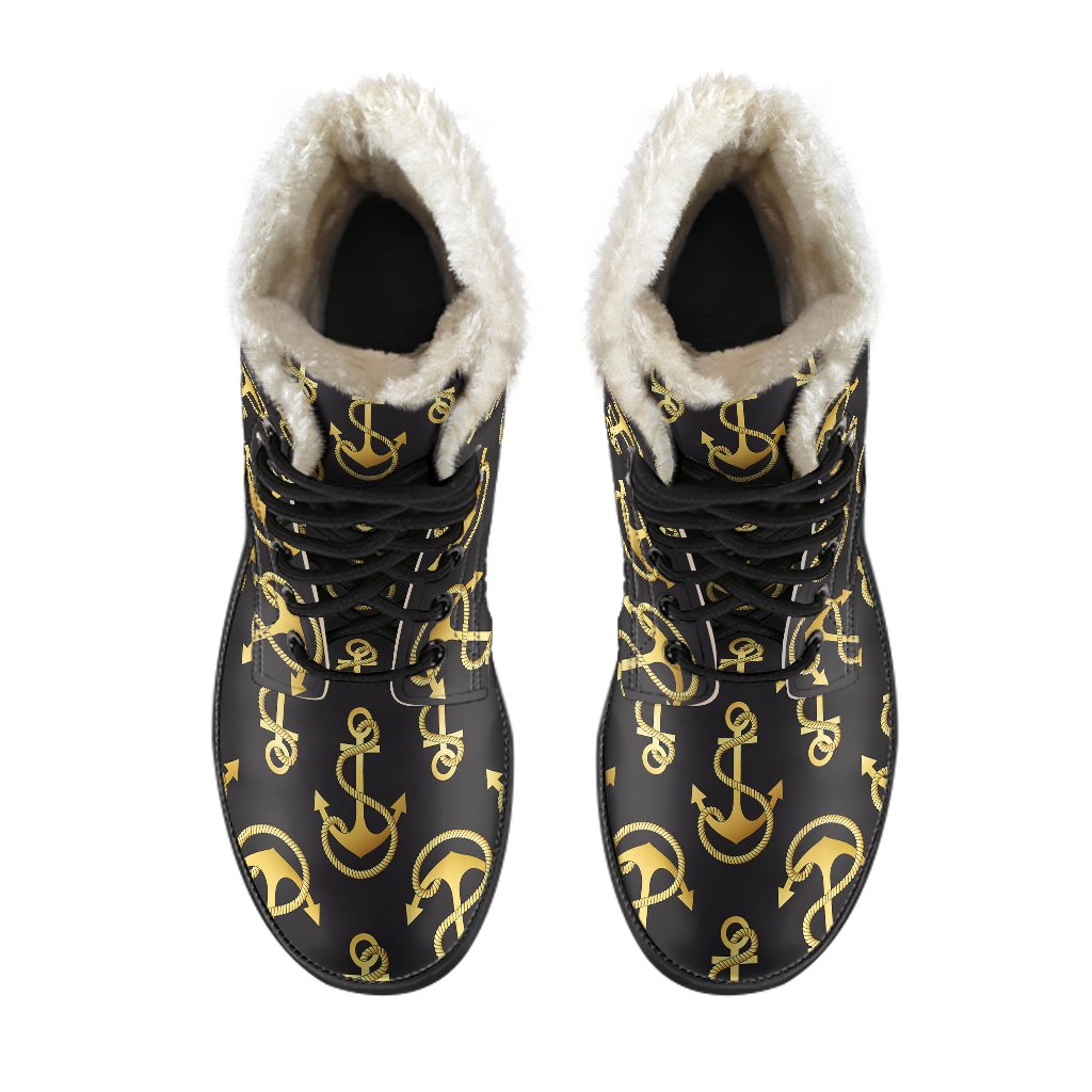 Anchor Gold Pattern Faux Fur Leather Boots-JTAMIGO.COM