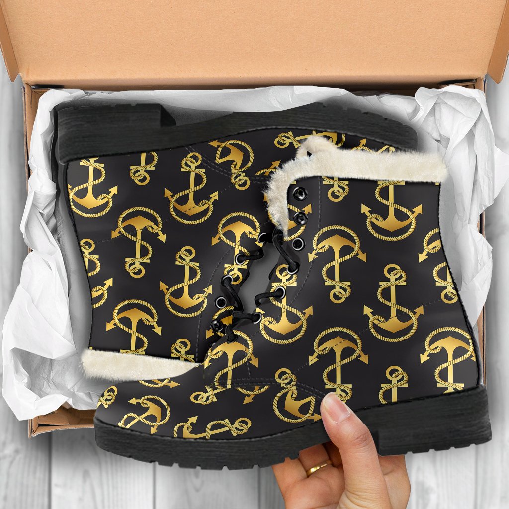 Anchor Gold Pattern Faux Fur Leather Boots-JTAMIGO.COM