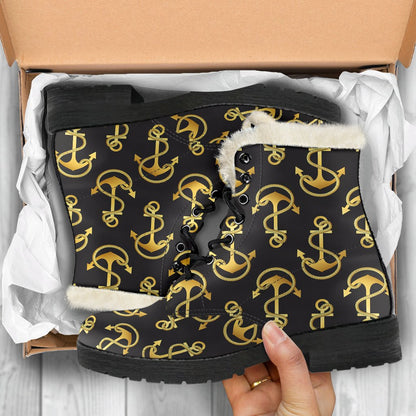 Anchor Gold Pattern Faux Fur Leather Boots-JTAMIGO.COM