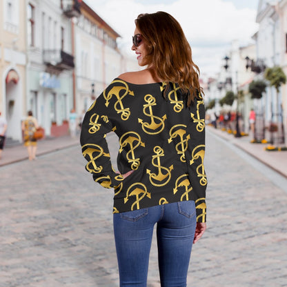 Anchor Gold Pattern Off Shoulder Sweatshirt