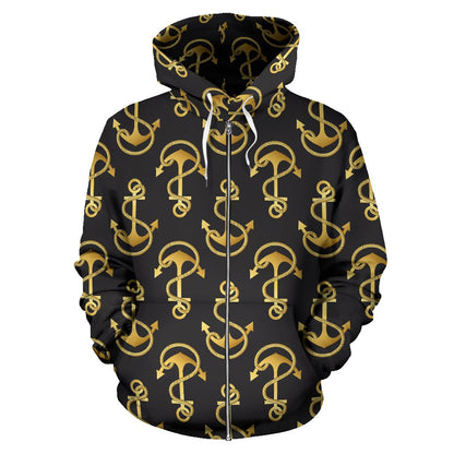 Anchor Gold Pattern Zip Up Hoodie