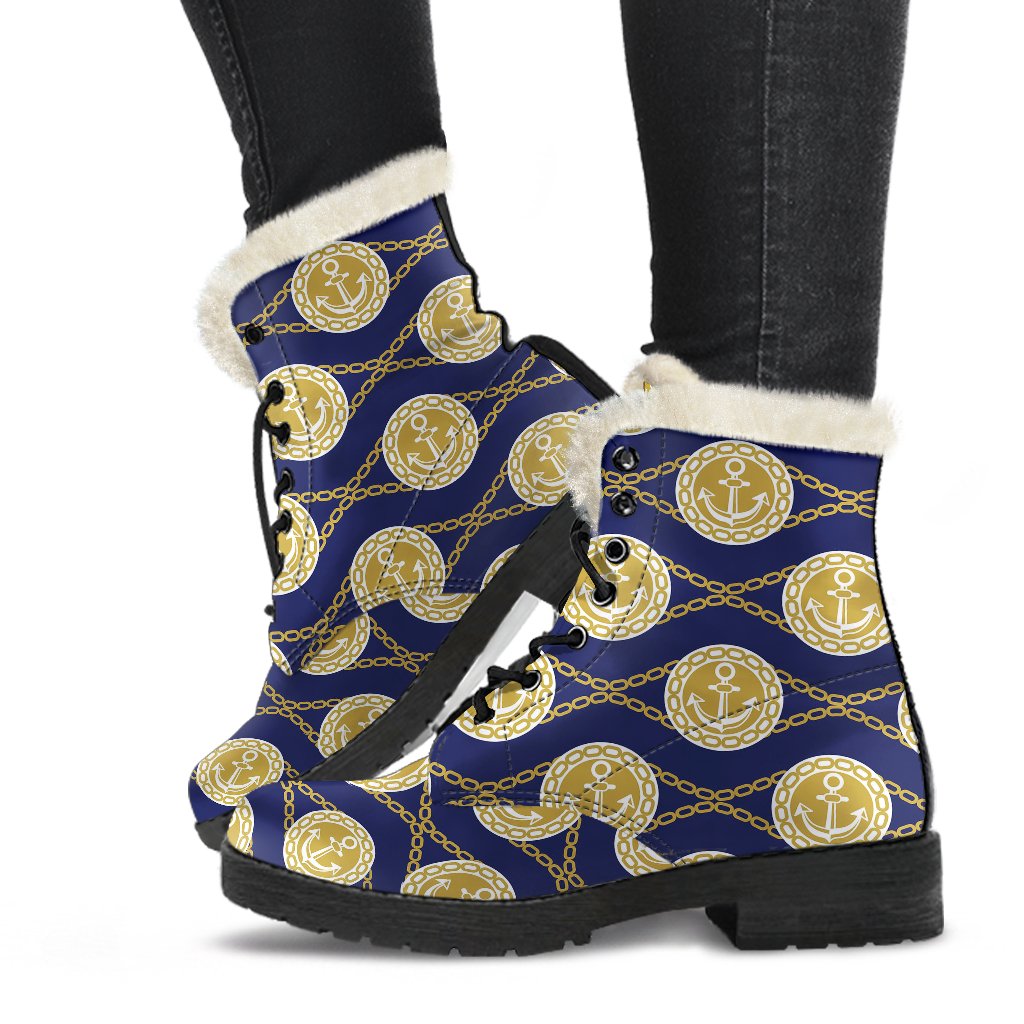 Anchor Luxury Pattern Faux Fur Leather Boots-JTAMIGO.COM