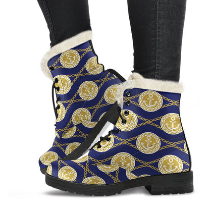 Anchor Luxury Pattern Faux Fur Leather Boots-JTAMIGO.COM