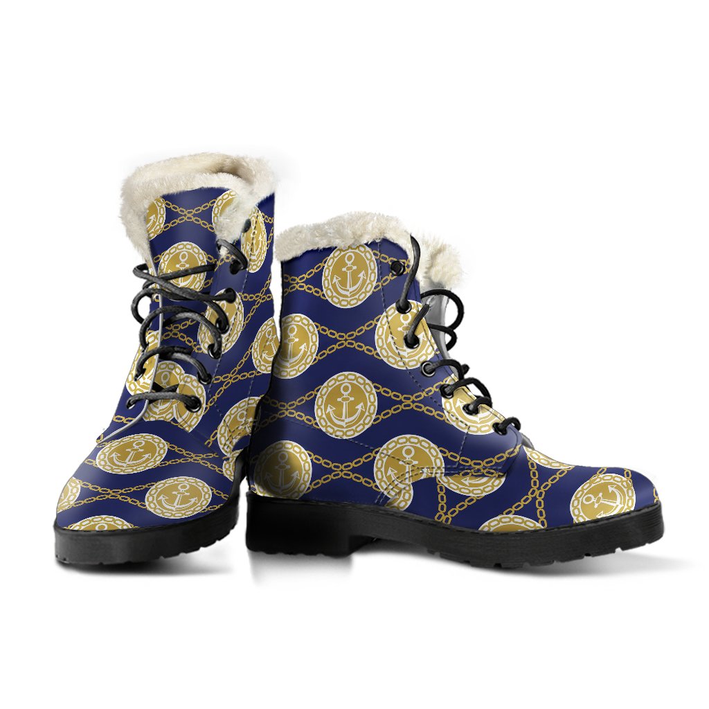 Anchor Luxury Pattern Faux Fur Leather Boots-JTAMIGO.COM