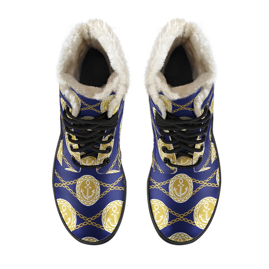 Anchor Luxury Pattern Faux Fur Leather Boots-JTAMIGO.COM