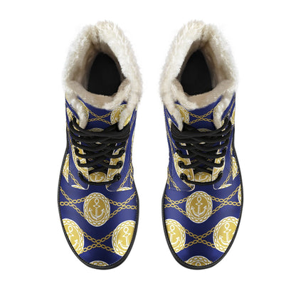 Anchor Luxury Pattern Faux Fur Leather Boots-JTAMIGO.COM