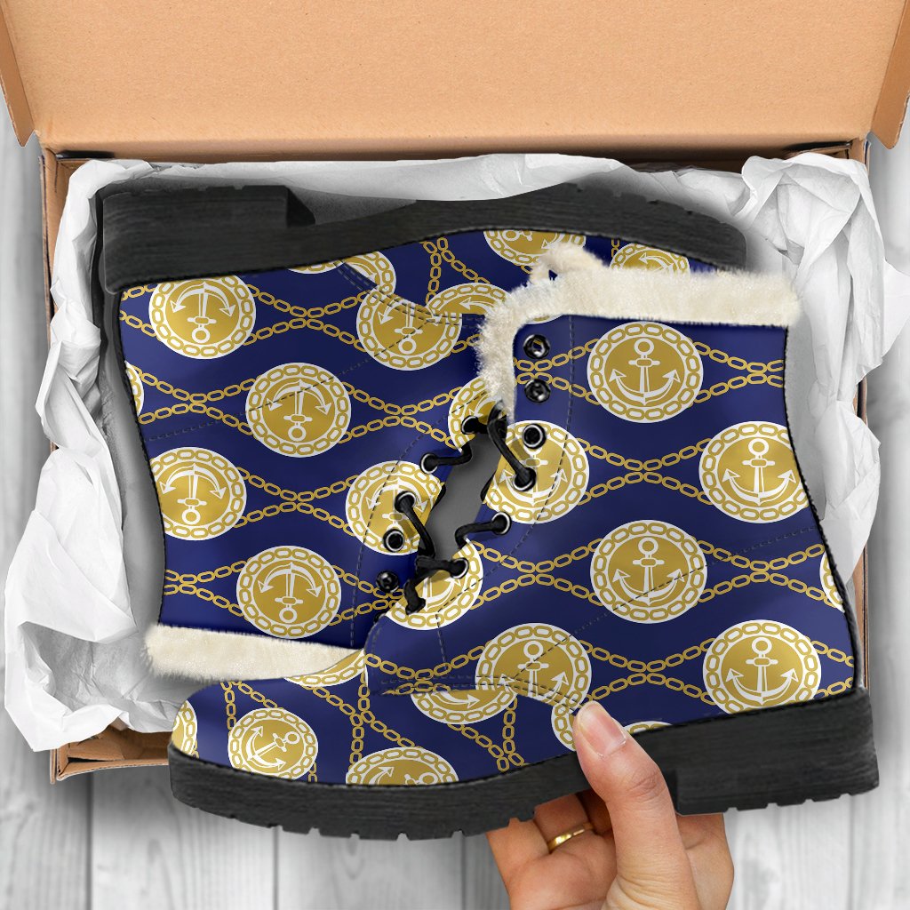 Anchor Luxury Pattern Faux Fur Leather Boots-JTAMIGO.COM