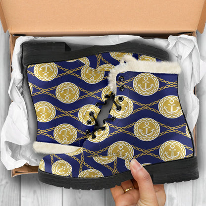 Anchor Luxury Pattern Faux Fur Leather Boots-JTAMIGO.COM