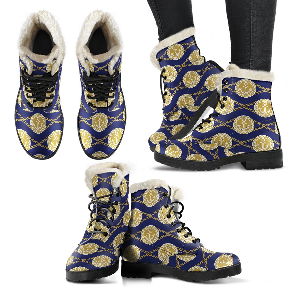 Anchor Luxury Pattern Faux Fur Leather Boots-JTAMIGO.COM