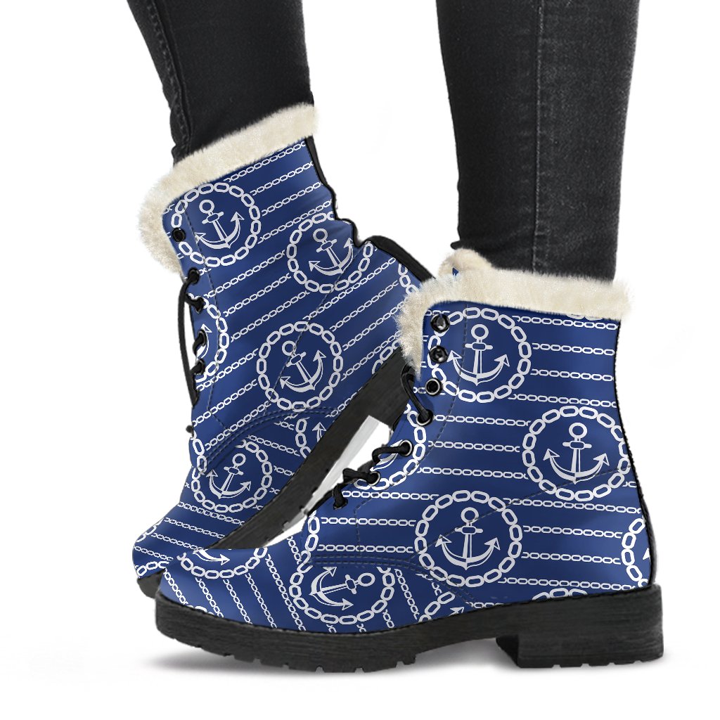 Anchor Stripe Pattern Faux Fur Leather Boots-JTAMIGO.COM