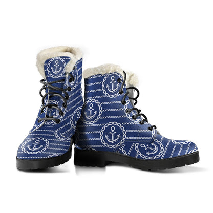 Anchor Stripe Pattern Faux Fur Leather Boots-JTAMIGO.COM
